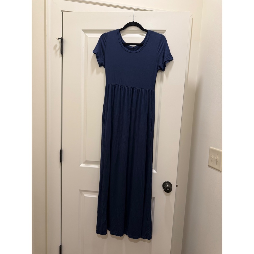 Navy Blue Short Sleeve Empire Waist Maxi Dress with Pockets Small